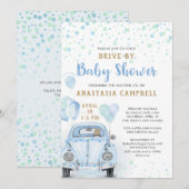 Invitation Traverser le Baby shower de garçon Blue Car Gold (Devant / Derrière)