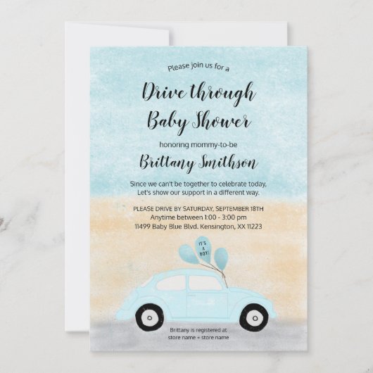 Invitation Traversez le baby shower de voiture bleu (Devant)