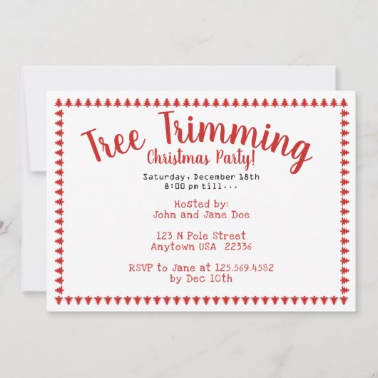 Invitation Tree Trimming Noël Party Polices rouges/blanches (Devant)