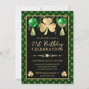 Invitation Trèfle élégant vert et or pour 21e anniversaire