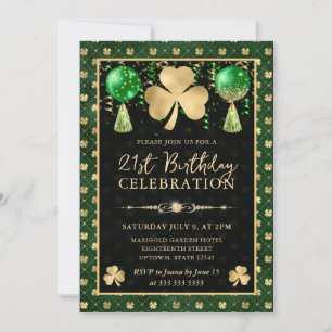 Invitation Trèfle élégant vert et or pour 21e anniversaire