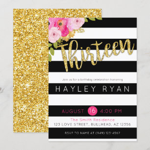Invitation Treize 13e anniversaire noir blanc rayure