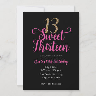 Invitation Treize ans Fête d'anniversaire Rose Noir Or Douze