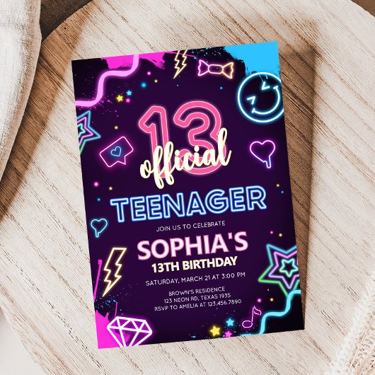 Invitation Treize Neon Adolescent fête d'anniversaire