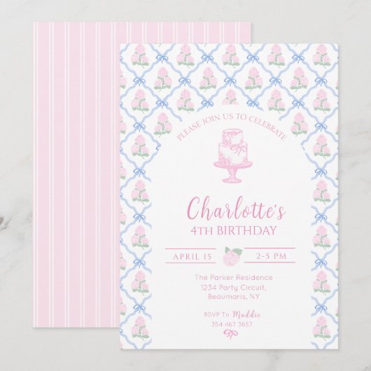 Invitation Trelliage à ruban bleu avec hortensia rose vert (Devant / Derrière)