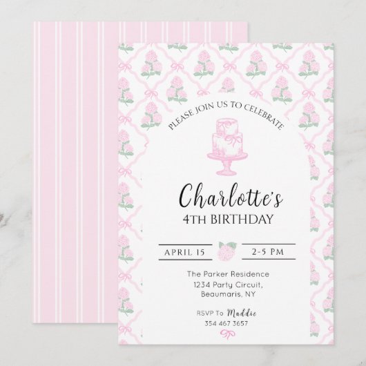 Invitation Trellillis d'hortensia rose et vert avec rubans (Devant / Derrière)