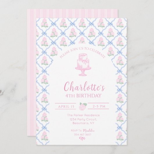 Invitation Trellis à ruban bleu d'hortensia vert rose (Devant / Derrière)