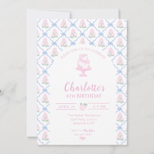 Invitation Trellis à ruban bleu d'hydrangea vert rose (Devant)