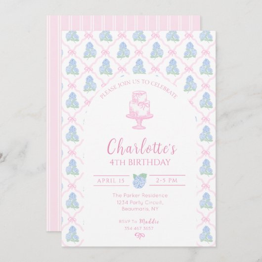 Invitation Trellis à Ruban Rose Hydrangea Bleu Vert (Devant / Derrière)