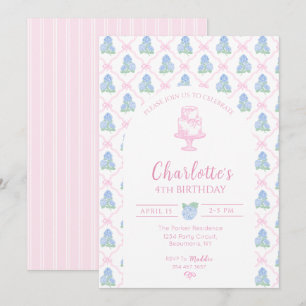 Invitation Trellis d'hortensia bleu vert avec ruban rose