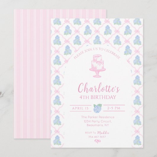 Invitation Trelllis de fleurs d'hydrange bleue verte avec rub (Devant / Derrière)