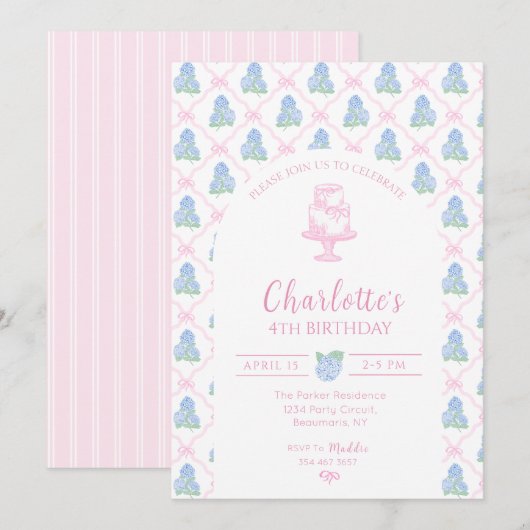 Invitation Trelllis de Hortensia Bleu Vert Ruban Rose (Devant / Derrière)