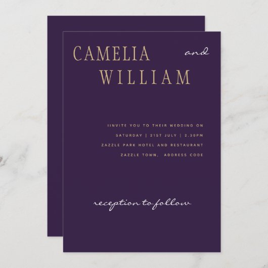 Invitation Trending Moderne Mariage Purple Plum Berry Or (Devant / Derrière)