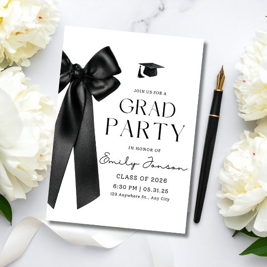 Invitation Trendy Black Bow Graduation Party Coquette Grad 