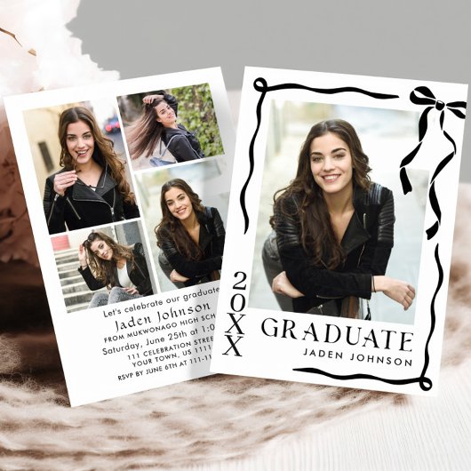 Invitation Trendy Black Bow Ribbon 5 PHOTO Graduation Party