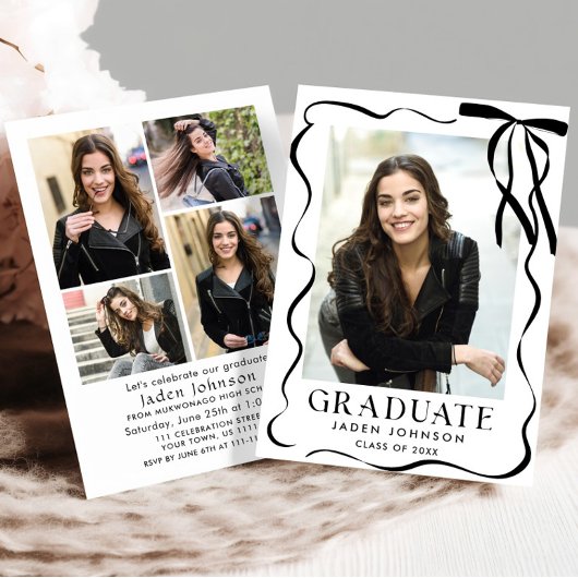 Invitation Trendy Black Bow Ribbon 5 PHOTO Graduation Party
