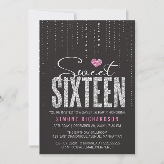 Invitation Trendy Black Pink Silver Parties scintillant Sweet (Devant)
