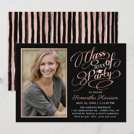 Invitation Trendy Black, White & Rose Gold Graduation Party (Devant / Derrière)