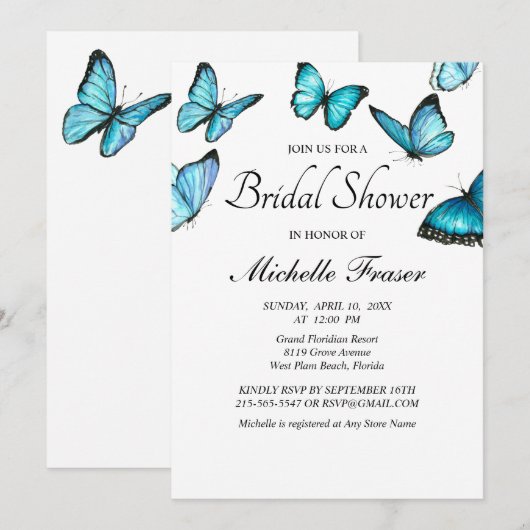 Invitation Trendy bleu aquarelle papillons nuptiale Douche (Devant / Derrière)