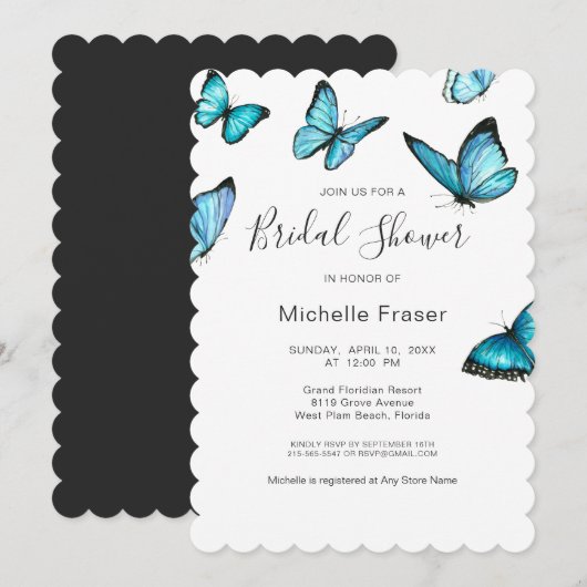 Invitation Trendy bleu aquarelle papillons nuptiale Douche (Devant / Derrière)