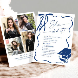 Invitation Trendy Blue Bow Ribbon 4 PHOTO Graduation Party