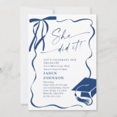 Invitation Trendy Blue Bow Ribbon 4 PHOTO Graduation Party (Devant)