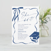 Invitation Trendy Blue Bow Ribbon 4 PHOTO Graduation Party (Debout devant)