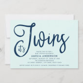 Invitation Trendy Blue Script Mint C'est Twins Baby shower (Devant)