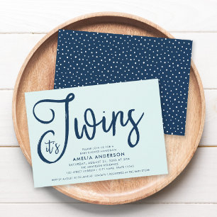 Invitation Trendy Blue Script Mint C'est Twins Baby shower