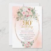 Invitation Trendy Blush Floral Gold Boho 90th Birthday Invite (Devant)