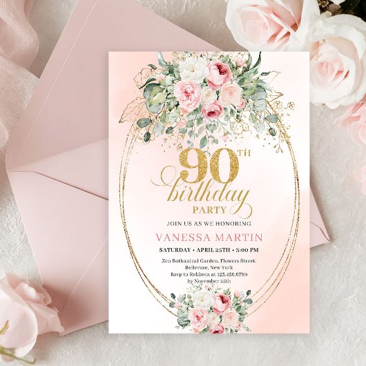 Invitation Trendy Blush Floral Gold Boho 90th Birthday Invite