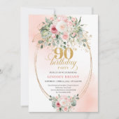 Invitation Trendy Blush Floral Gold Boho 90th Birthday Invite (Devant)