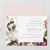 INVITATION TRENDY BLUSH ROSE BURGUNDY PROTEA MARIAGE FLORAL (Devant / Derrière)