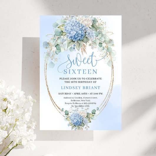 Invitation Trendy Boho Blue Hydrangea Sweet Sixteen Party  