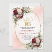 Invitation Trendy Boho Deep Red Gold Floral 16th Birthday  (Devant)