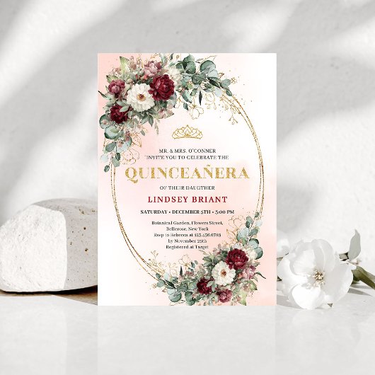 Invitation Trendy Boho Maroon Floral Eucalyptus Quince Invite