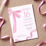 Invitation Trendy Bow Ribbon Coquette Sweet 16 Blush Pink<br><div class="desc">Celebrate a milestone in style with this Blush Pink Coquette Sweet 16 Birthday Invitation, available in both print and as a digital download. Featuring a hand-painted watercolor ribbon and bow design by Lorena Depante, this invitation combines soft, feminine elegance with playful charm—perfect for the coquette aesthetic. The pink hues and...</div>