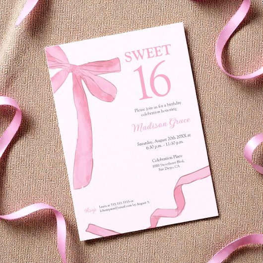 Invitation Trendy Bow Ribbon Coquette Sweet 16 Blush Pink 