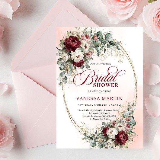 Invitation Trendy Burgundy Gold Greenery Bridal Shower Invite