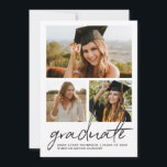 Invitation Trendy Casual Modern script Graduate Photo collage<br><div class="desc">Celebrate your graduate’s milestone with this modern three-photo graduation party invitation featuring elegant handwritten script typography. The stylish collage layout allows you to showcase multiple favorite photos while highlighting your graduate’s name, school, and class year. The front features a large photo paired with two additional portraits and a bold script...</div>