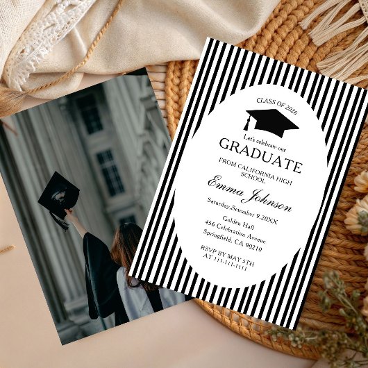 Invitation Trendy Chic Bow Minimalist Stripe  Graduation