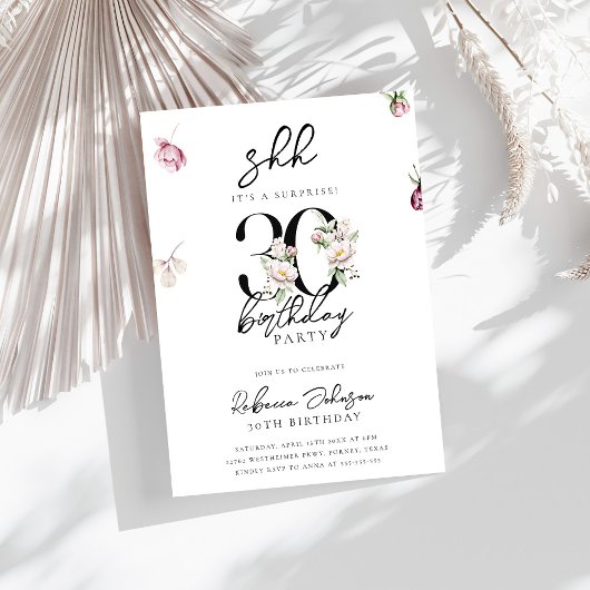 Invitation Trendy Chic Rose Floral Surprise 30e anniversaire