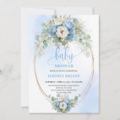 Invitation Trendy Dusty Blue Flowers Gold Baby Shower Card (Devant)