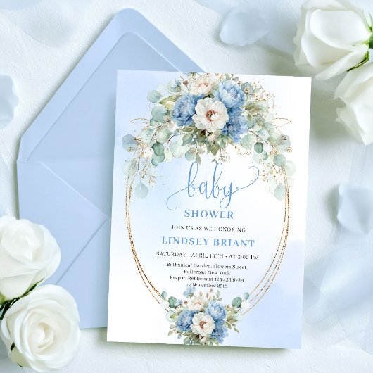 Invitation Trendy Dusty Blue Flowers Gold Baby Shower Card