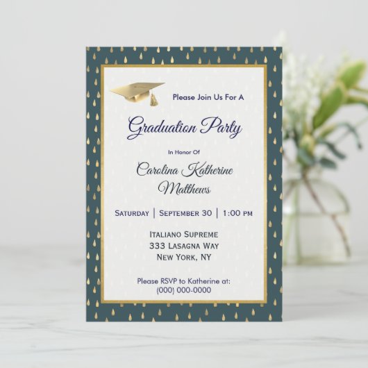 Invitation Trendy Gold Raindrops Slate Grey Graduation  (Debout devant)