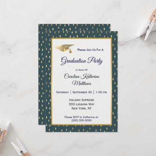 Invitation Trendy Gold Raindrops Slate Grey Graduation  (Devant/Arrière en situation)