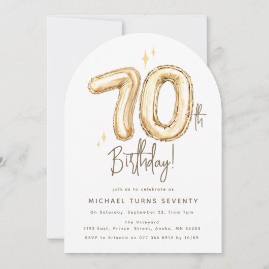 Invitation Trendy Gold Seventy Balloons 70th Birthday Party (Devant)
