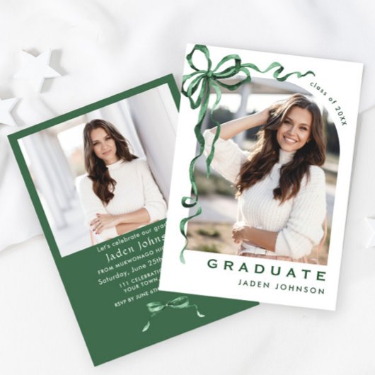 Invitation Trendy Green Bow Ribbon 2 PHOTO Graduation Party
