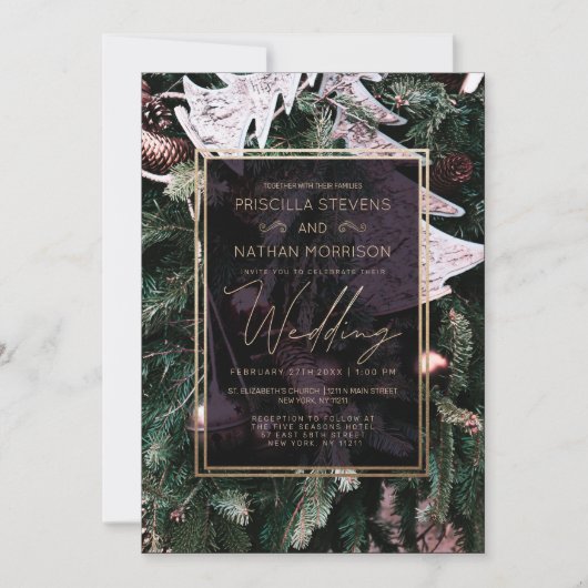 Invitation Trendy hiver Arbre de Noël Gold Mariage frontalier (Devant)