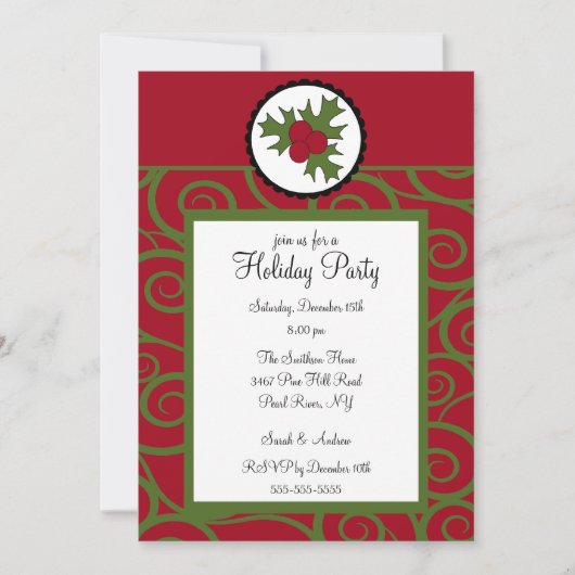 Invitation Trendy Holly Swirl Holiday Party Invite (Devant)